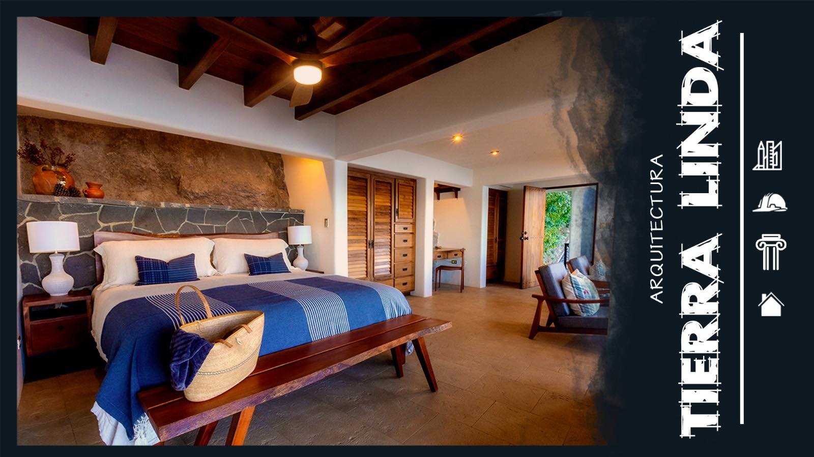 Stylish bedroom featuring a stone wall, cozy bedding, warm lighting, and wooden accents, exuding modern architectural elegance.