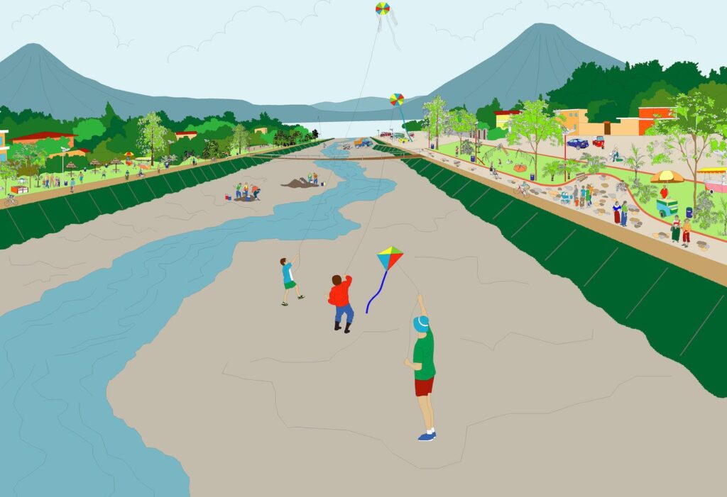 A render of Kids fly kites by a river with mountains in the background, while people enjoy leisure activities in a vibrant park setting.