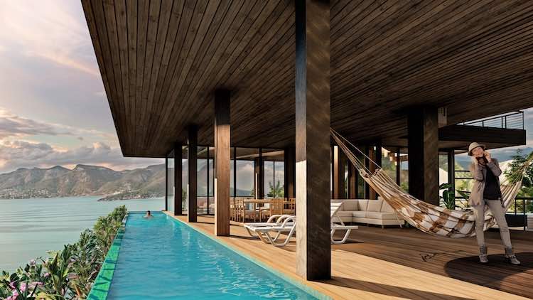 render of a modern wooden patio with a hammock overlooks a scenic pool and lake surrounded by mountains, featuring a person standing nearby.