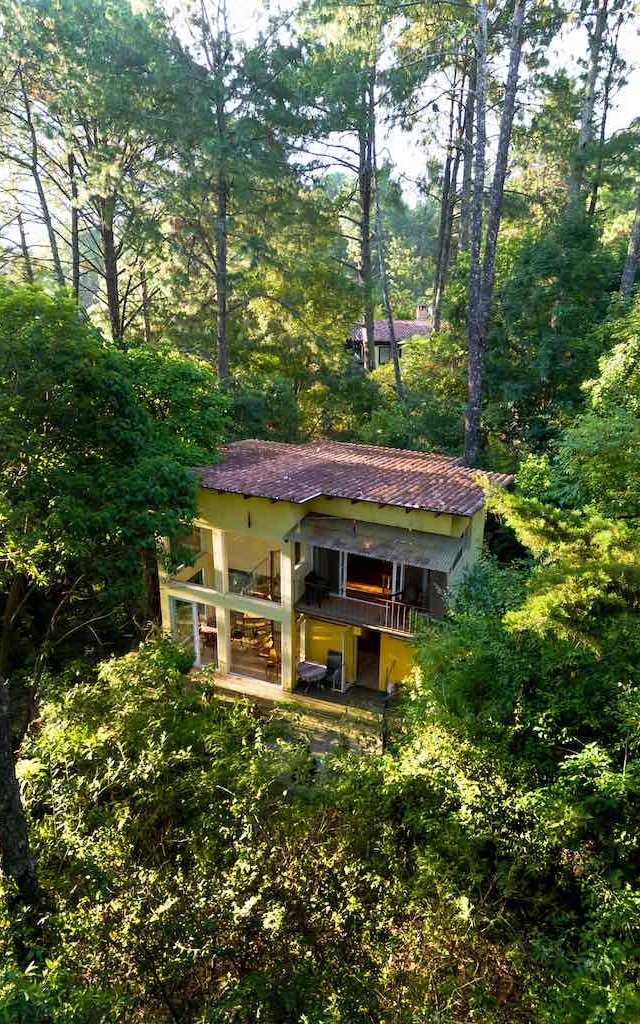 A two-story yellow house with a red-tiled roof is surrounded by dense green trees in a forested area.